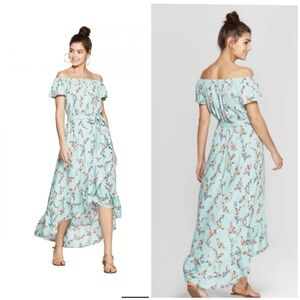 Off The Shoulder High Low Aqua Floral Belted Maxi Dress